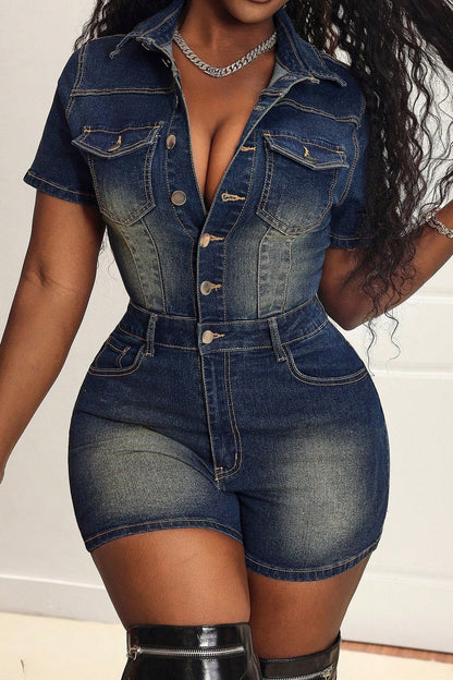 Short Sleeve Slim Fit Stretch Denim Romper Lavish Daily