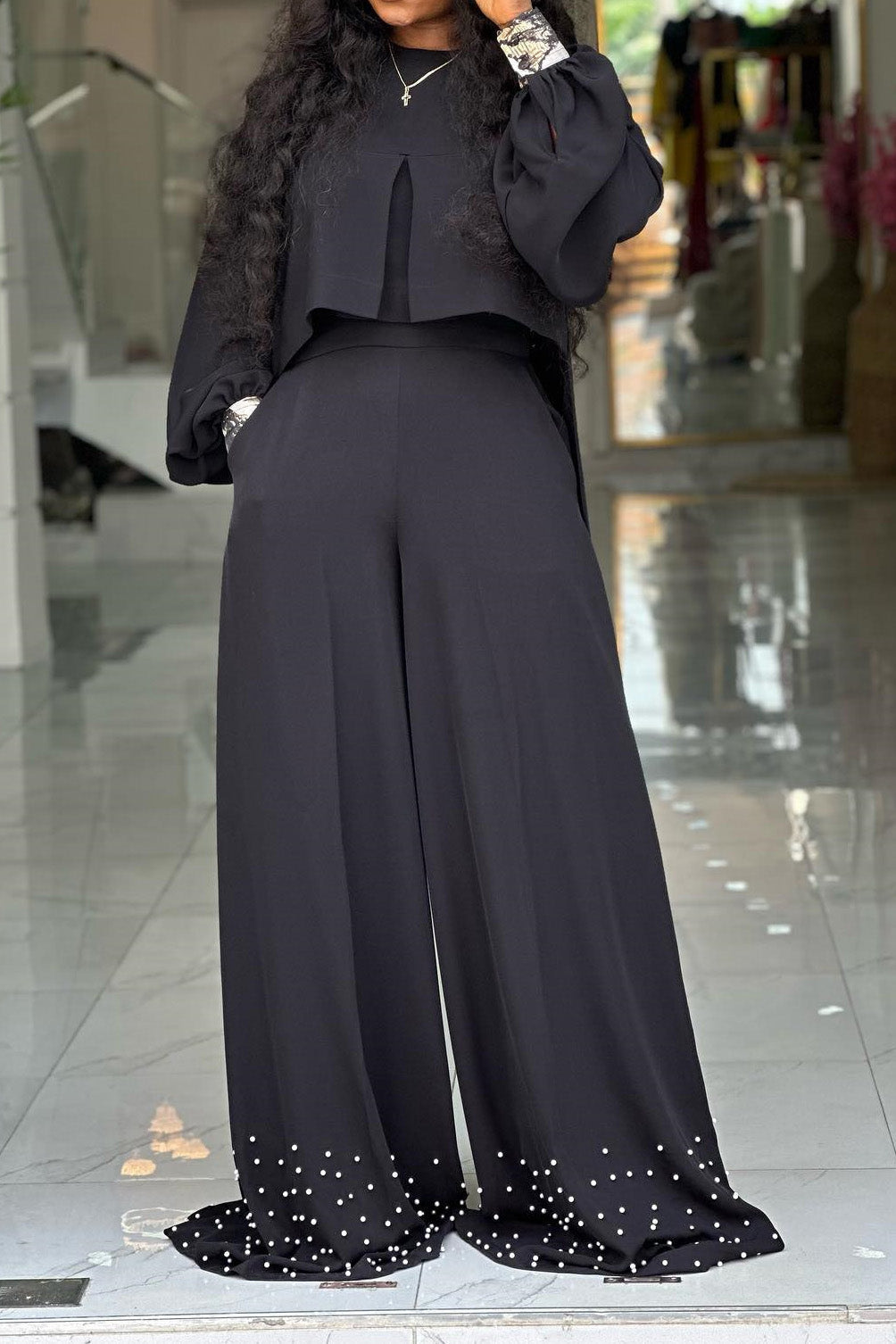 Lantern Sleeve Top & Wide Leg Pants Set Lavish Daily