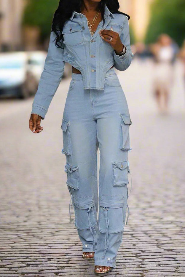 Asymmetrical Cut Denim Jacket Sets Lavish Daily