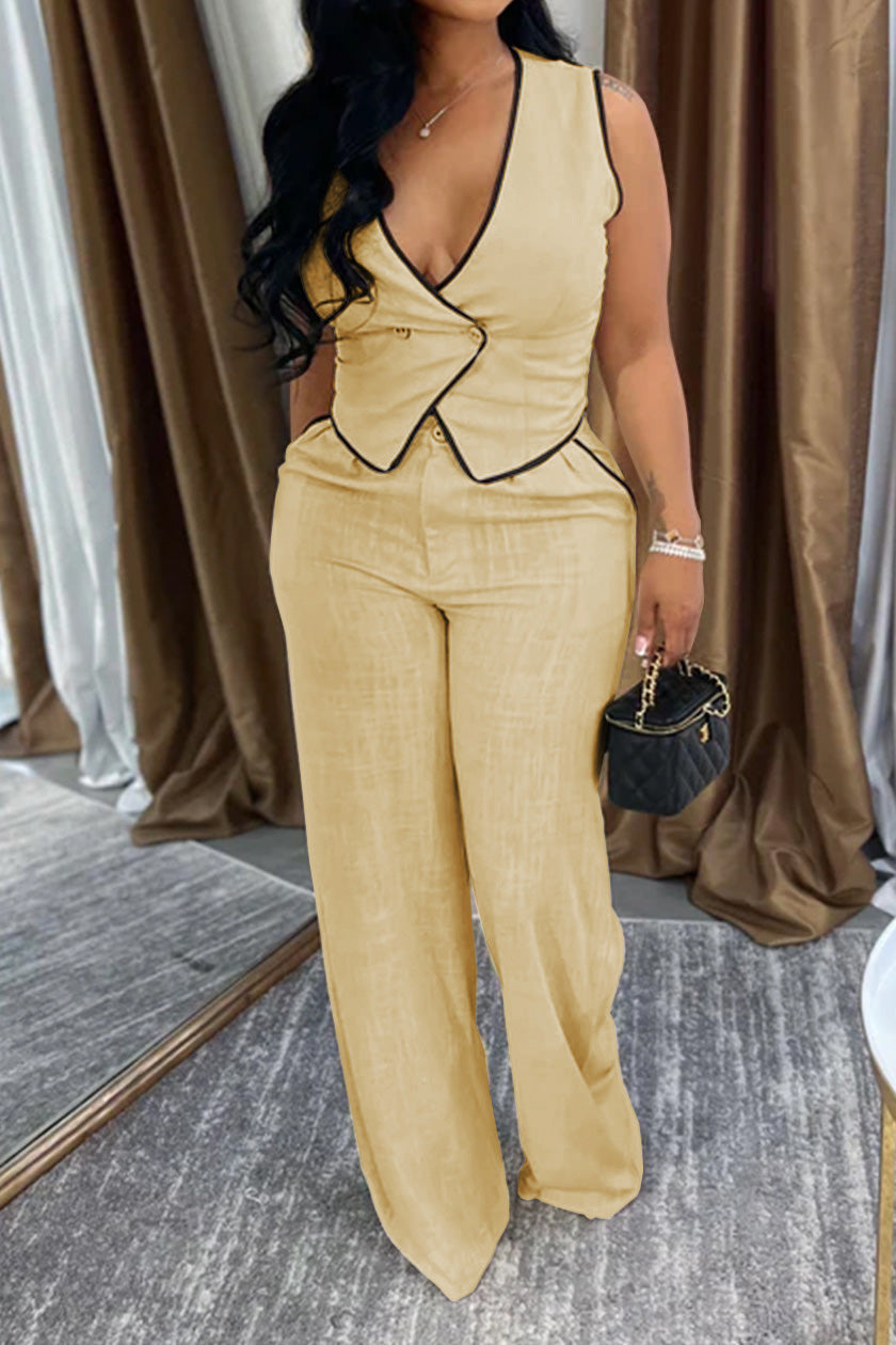 V-Neck Button Top & Pants Two-Piece Set Lavish Daily