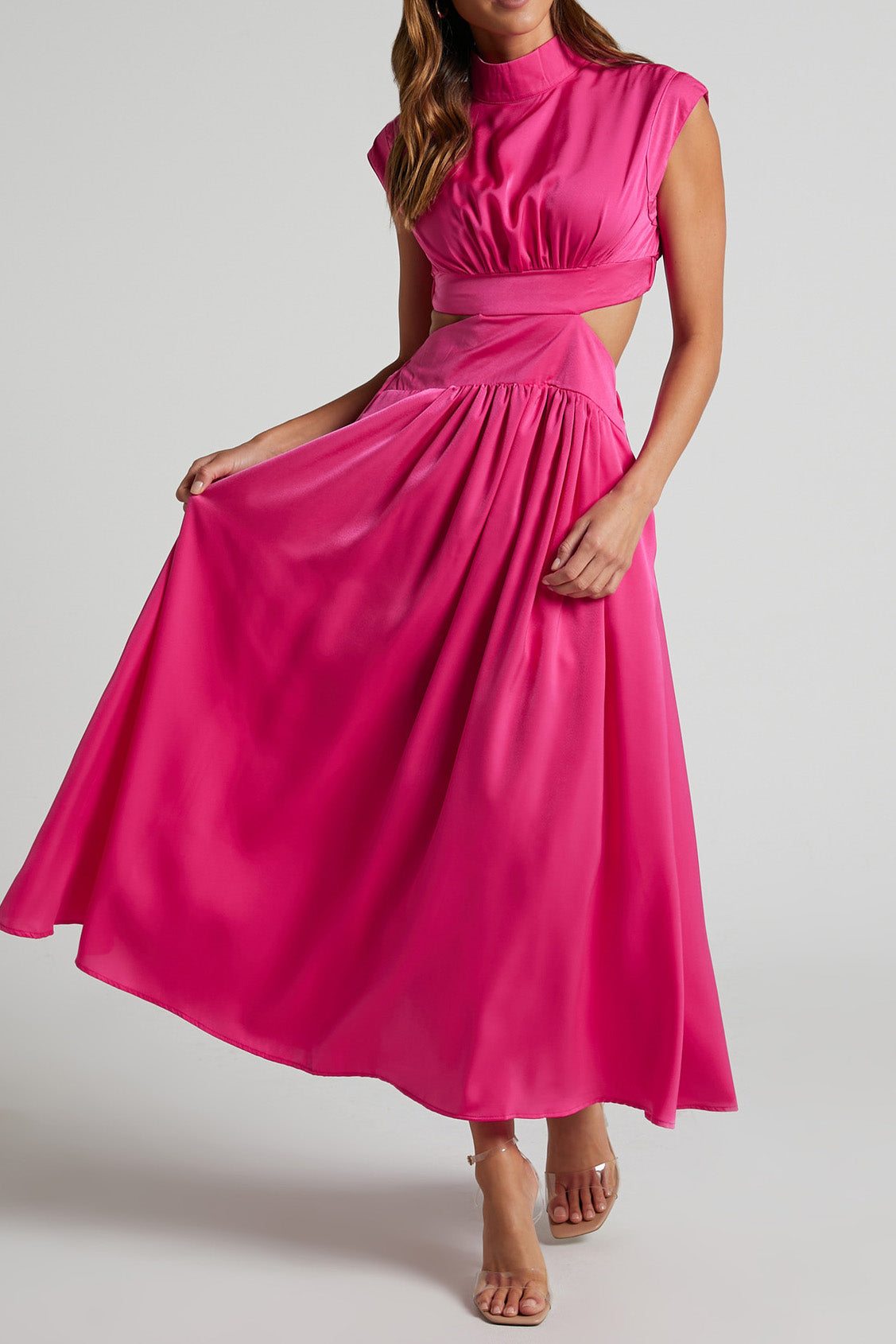 Mock Neck Cut Out Pleated Maxi Dress Lavish Daily