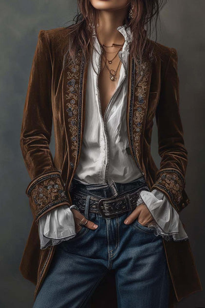 Velvet Embroidered Long Jacket LavishDaily