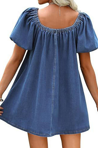 Bubble Sleeve Square Neck Denim Babydoll Dress Lavish Daily