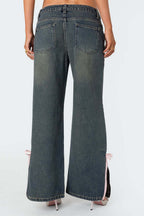 Washed Bow Slit Wide Leg Denim Pants Lavish Daily