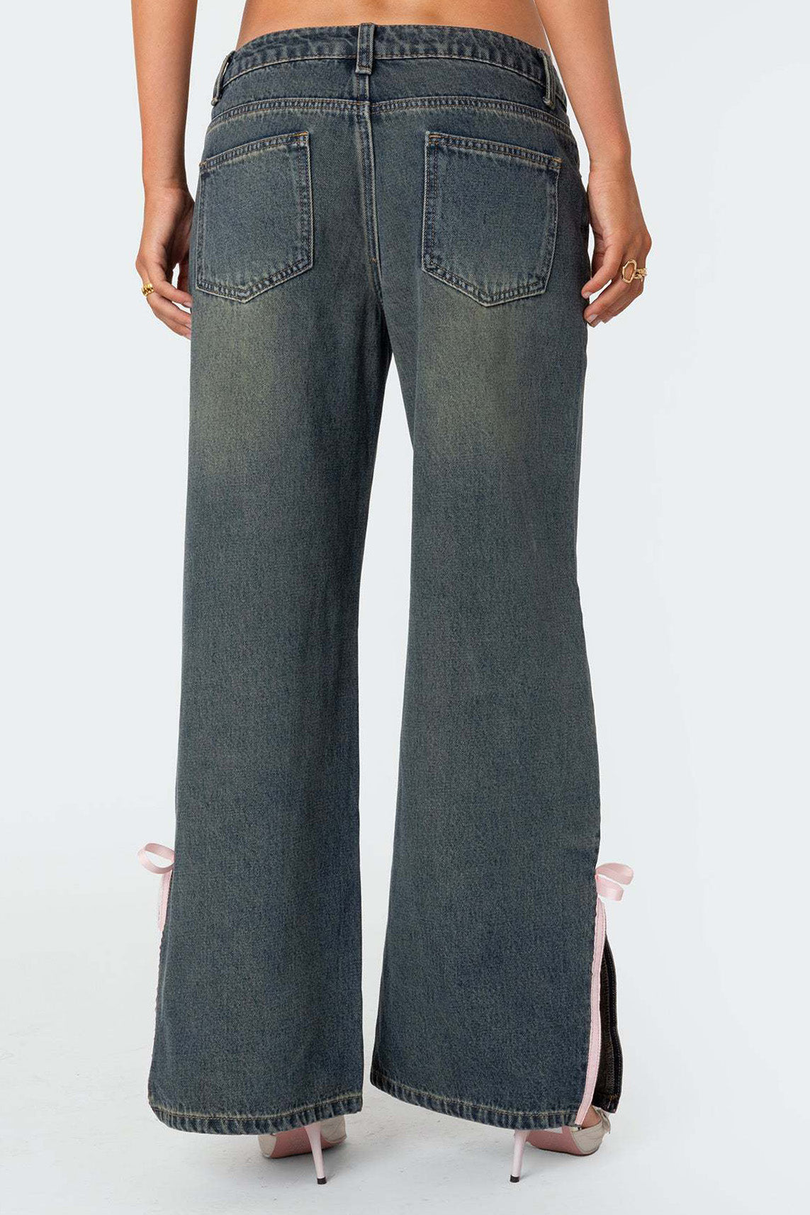 Washed Bow Slit Wide Leg Denim Pants Lavish Daily