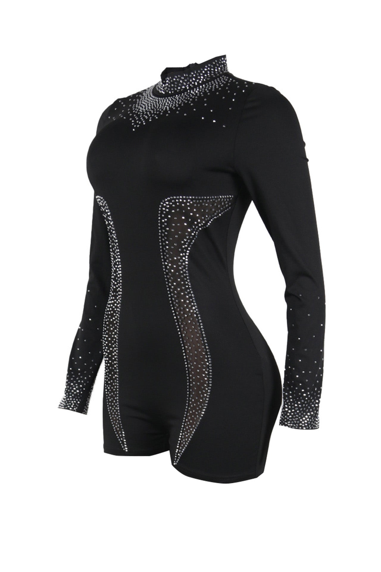 Rhinestone Sheer Stretch Romper Lavish Daily