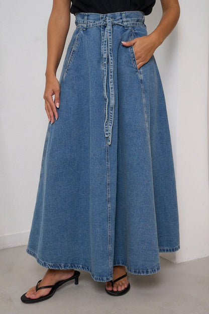 Belted High Waist A-Line Denim Maxi Skirt Lavish Daily