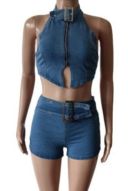 Halter Neck Denim Shorts Set Lavish Daily