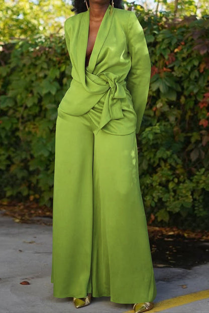 Plunging Wrap Tie Top & Wide Leg Pant Set Lavish Daily