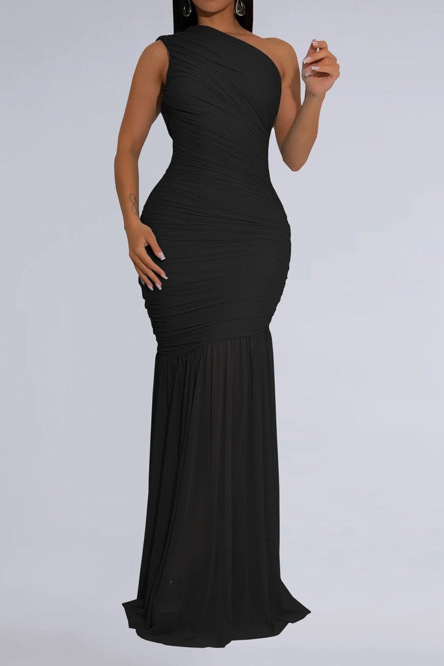 One-Shoulder Ruched Mesh Maxi Dress Lavish Daily