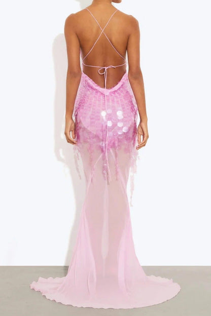 Sequin Backless Drape Tulle Hem Slip Maxi Dress Lavish Daily