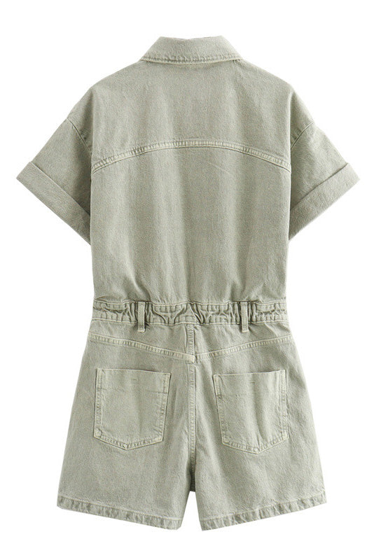 Denim Short Sleeve Romper with Pockets Lavish Daily