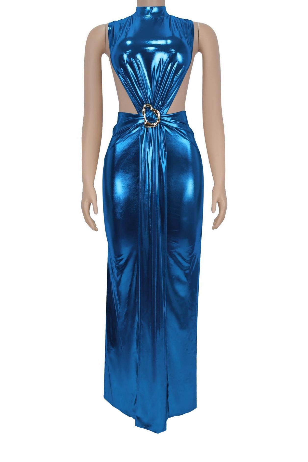 Glossy Side-Slit Mock Neck Maxi Dress Lavish Daily