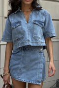 Denim V-Neck Top & High Waist Skirt Set Lavish Daily