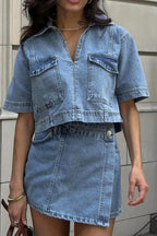 Denim V-Neck Top & High Waist Skirt Set Lavish Daily