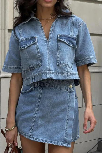 Denim V-Neck Top & High Waist Skirt Set Lavish Daily