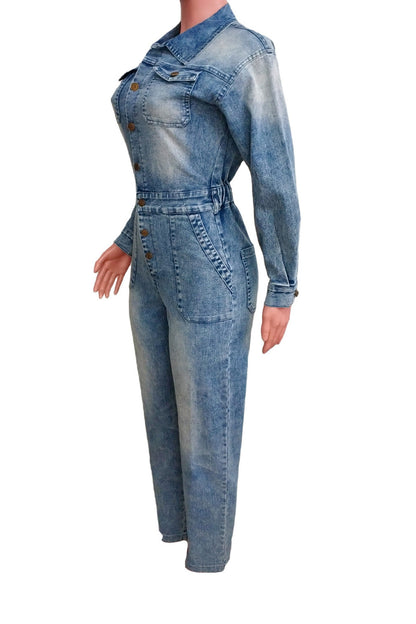 Long Sleeve Button Down Denim Utility Jumpsuit Lavish Daily