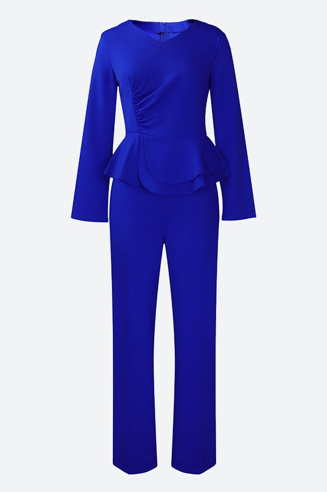 Solid Flounce V Neck Long Sleeve Sets Lavish Daily