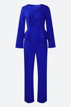 Solid Flounce V Neck Long Sleeve Sets Lavish Daily