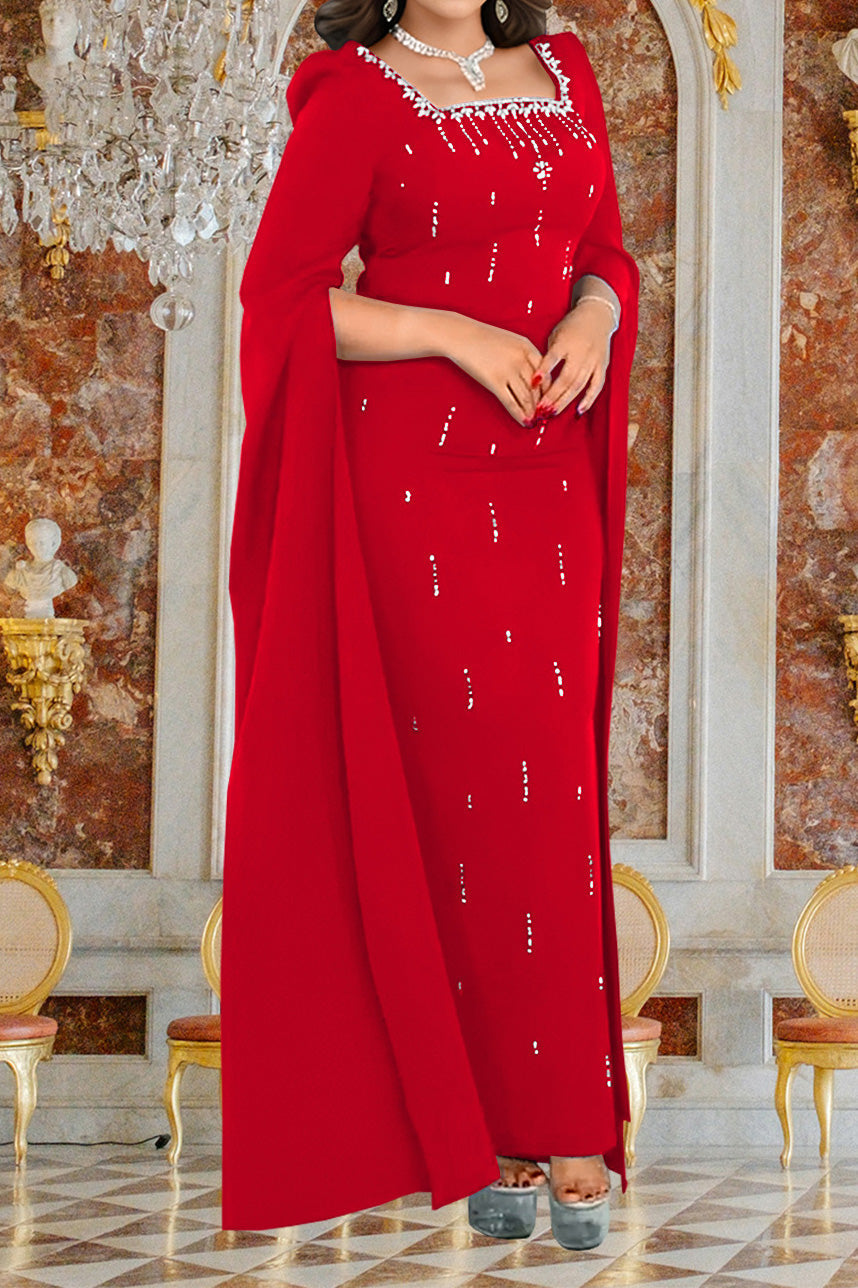 Crystal Embellished Cape Sleeve Maxi Dress LavishDaily