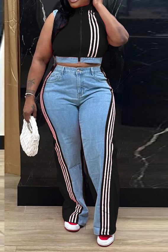 Striped Cropped Top Denim Pant Sets Lavish Daily
