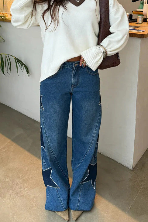 High-Waisted Star Patch Wide Leg Jeans Lavish Daily