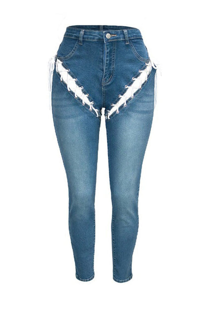 High-Rise Front & Back Lace-Up Cutout Jeans Lavish Daily