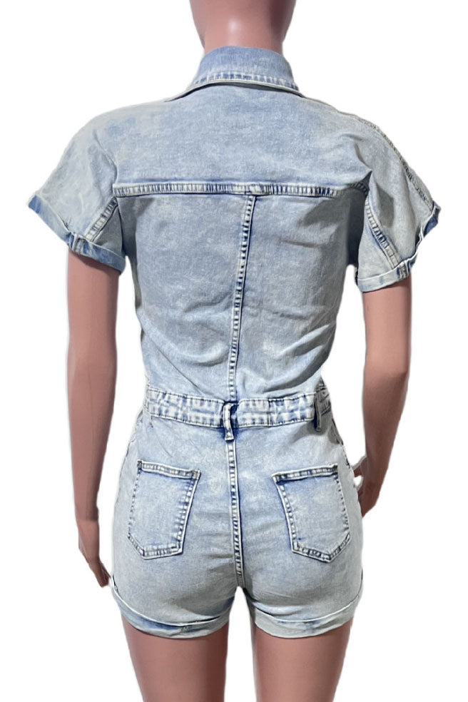 Short Sleeve Rigid Denim Romper Lavish Daily