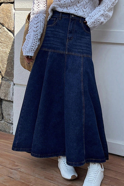 Paneled A-Line Denim Maxi Skirt Lavish Daily
