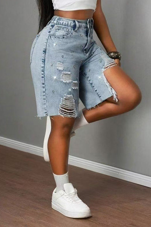 Rhinestone Distressed Denim Bermuda Shorts Lavish Daily