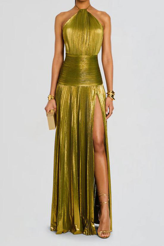 Metallic Pleated Halter Tie Split Dress Lavish Daily