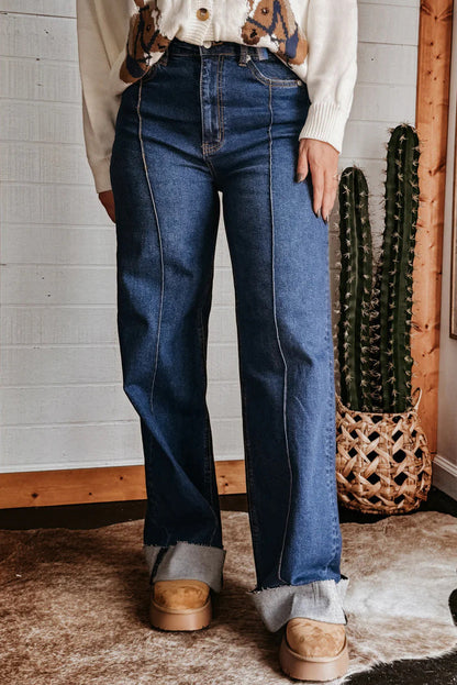 Stretch Cuffed Wide Leg Front Seam Jeans Lavish Daily