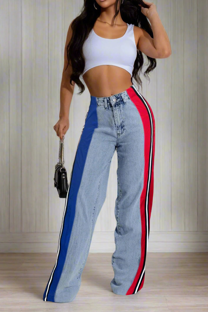 Wide Jeans with Wide Contrast Side Lines-Light Blue Lavish Daily