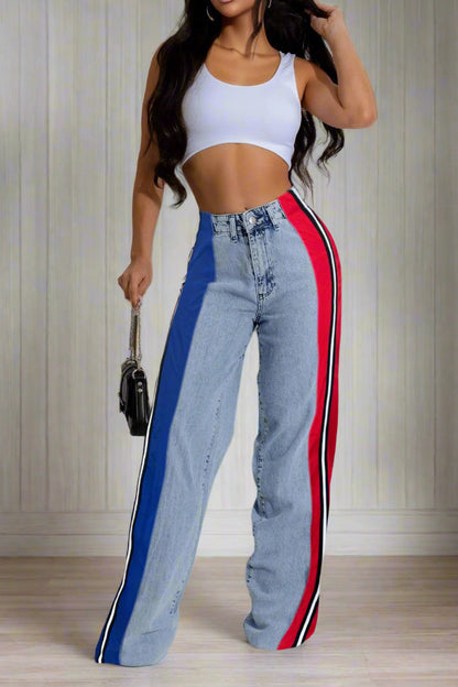 Wide Jeans with Wide Contrast Side Lines-Light Blue Lavish Daily