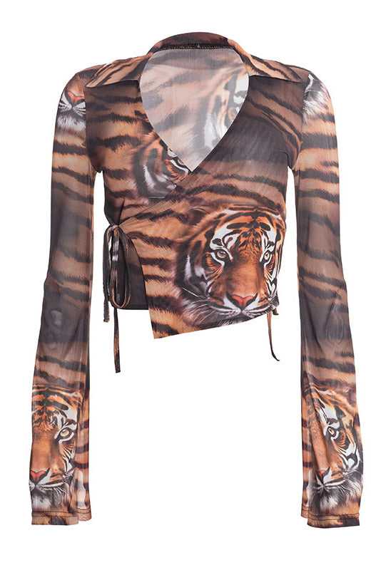 Tiger-Print Tie-Front Mesh Shirt Lavish Daily