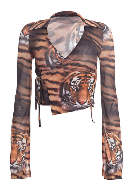 Tiger-Print Tie-Front Mesh Shirt Lavish Daily