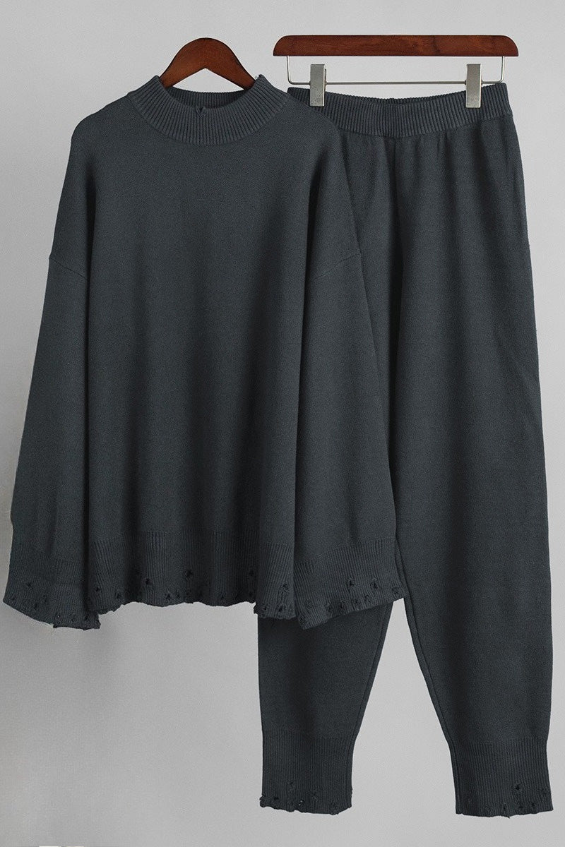 Distressed Knit Pants & Crew Neck Sweater Set Lavish Daily