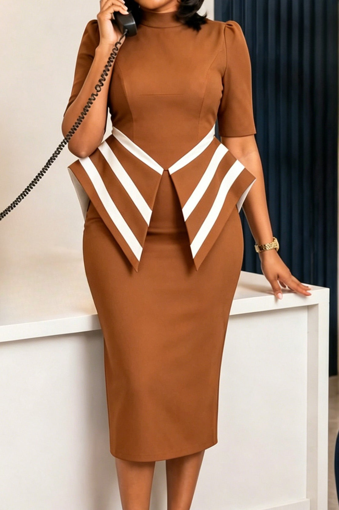 Contrast Peplum Mock Neck Pencil Dress Lavish Daily