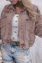 Rivet Studded Pocketed Denim Jacket Lavish Daily