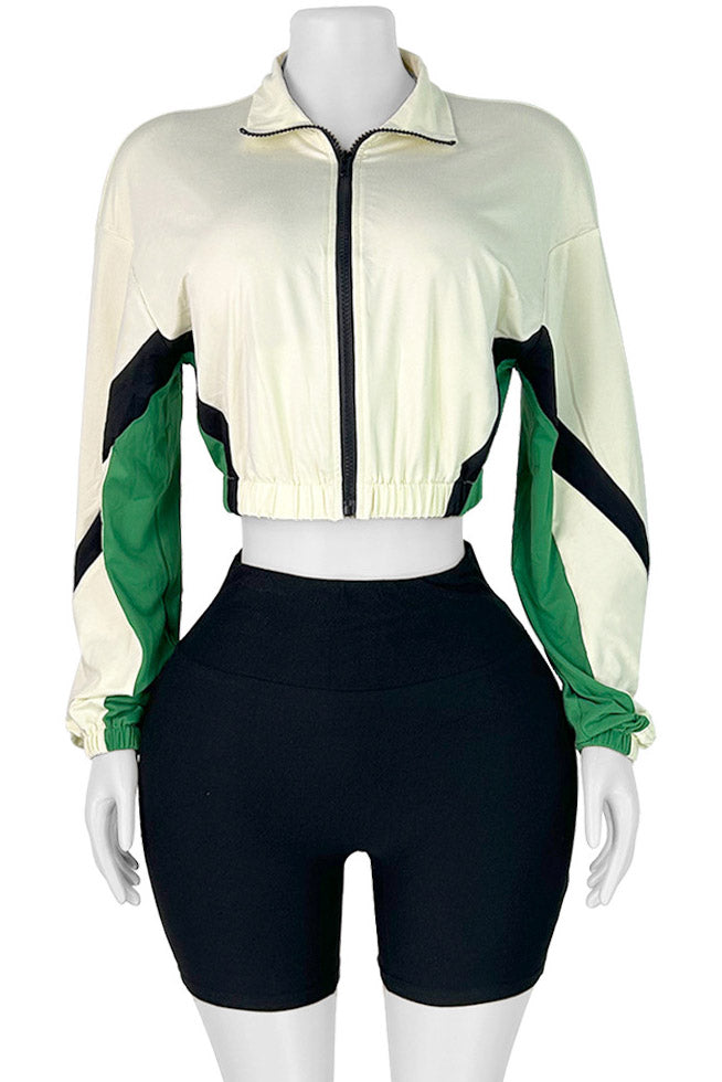 Colorblock Zip-Up Long Sleeve Top & Shorts Set Lavish Daily