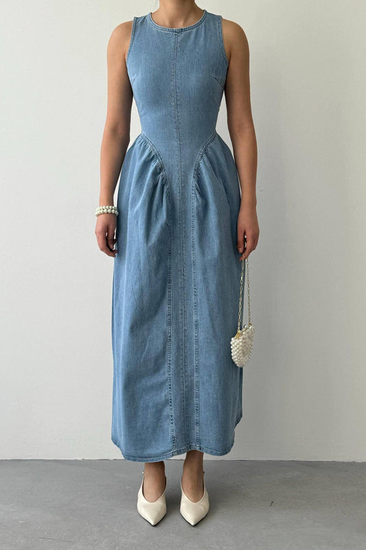 Sleeveless Drop Waist Denim Maxi Dress Lavish Daily