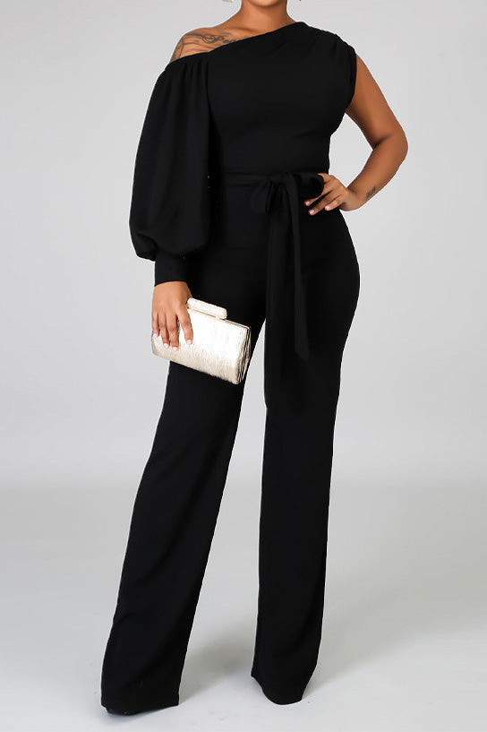 One-Shoulder Puff Sleeve Jumpsuit Lavish Daily