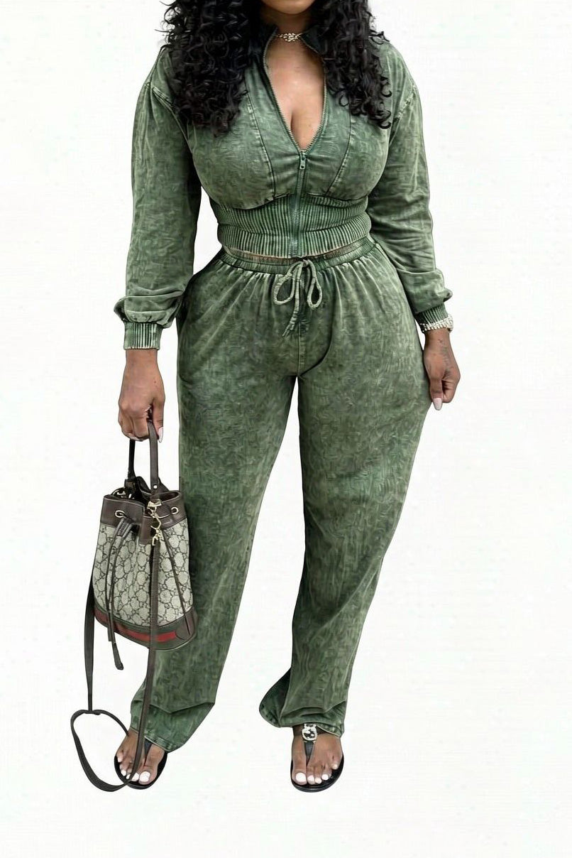 Washed Cropped Zip Jacket Jogger Pants Set Lavish Daily
