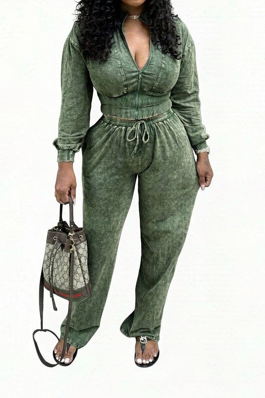 Washed Cropped Zip Jacket Jogger Pants Set Lavish Daily