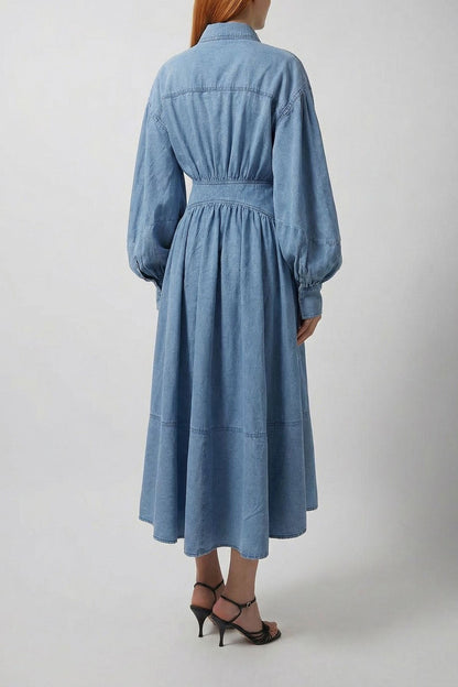 Ruched Asymmetric Button Denim Maxi Lavish Daily