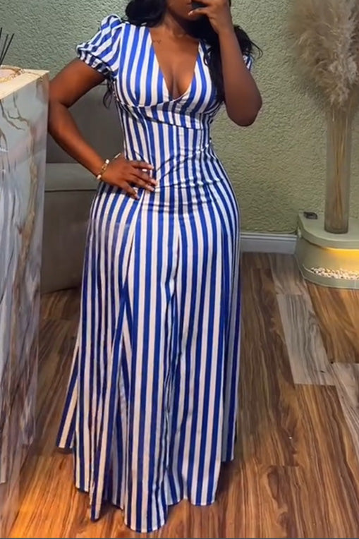 V-Neck Puff Sleeve Striped Maxi Dress Lavish Daily