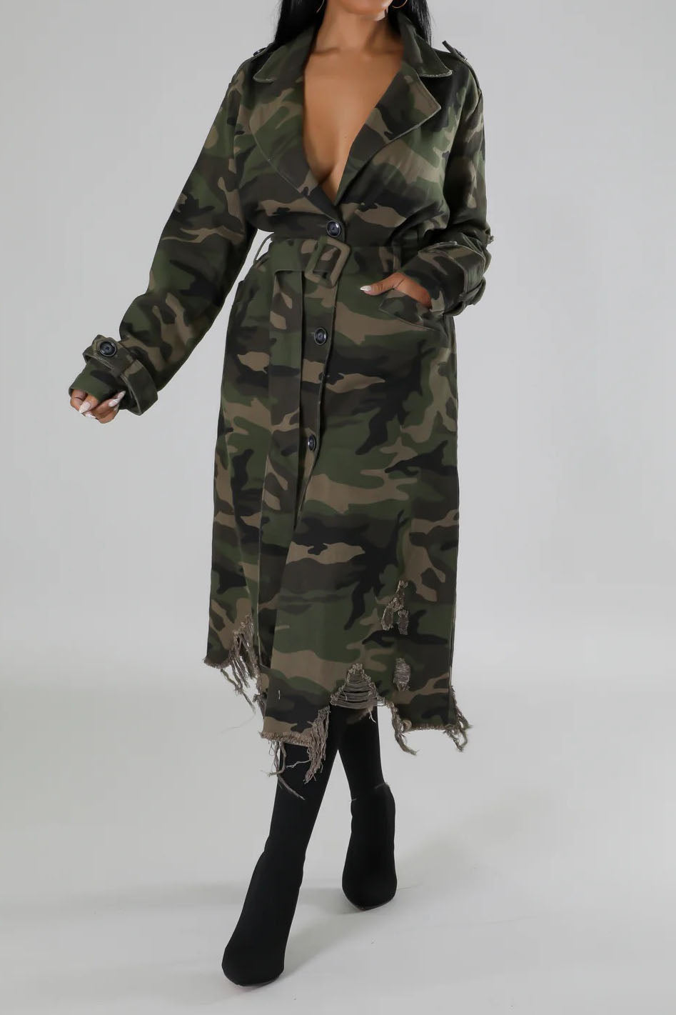 Longline Distressed Camouflage Jacket Lavish Daily