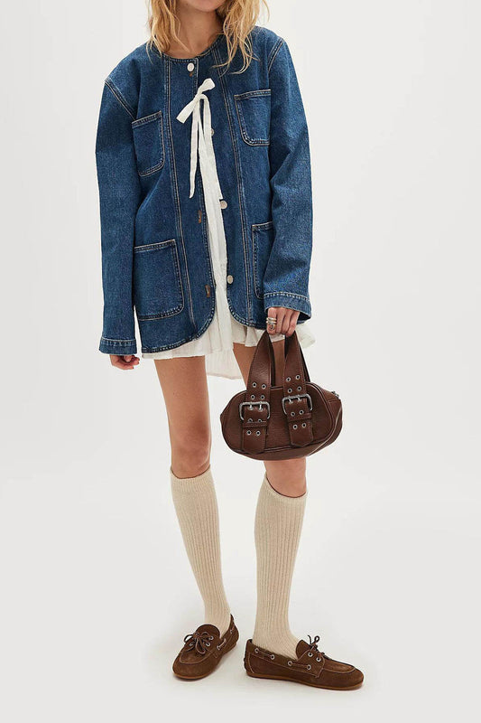 Collarless Button-Front Denim Jacket Lavish Daily