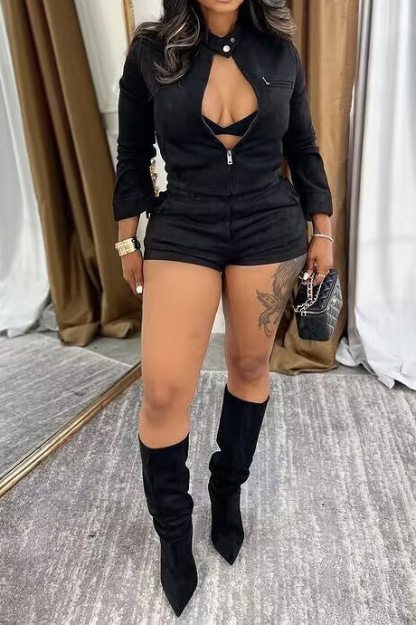 Long Sleeve Stretch Suede Shorts Set Lavish Daily