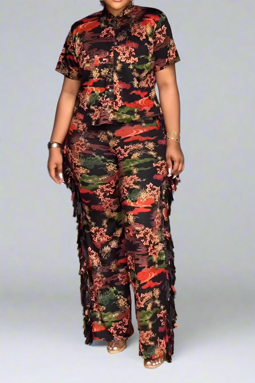 Elegant Printed Lapel Shirt and Pants Set Lavish Daily